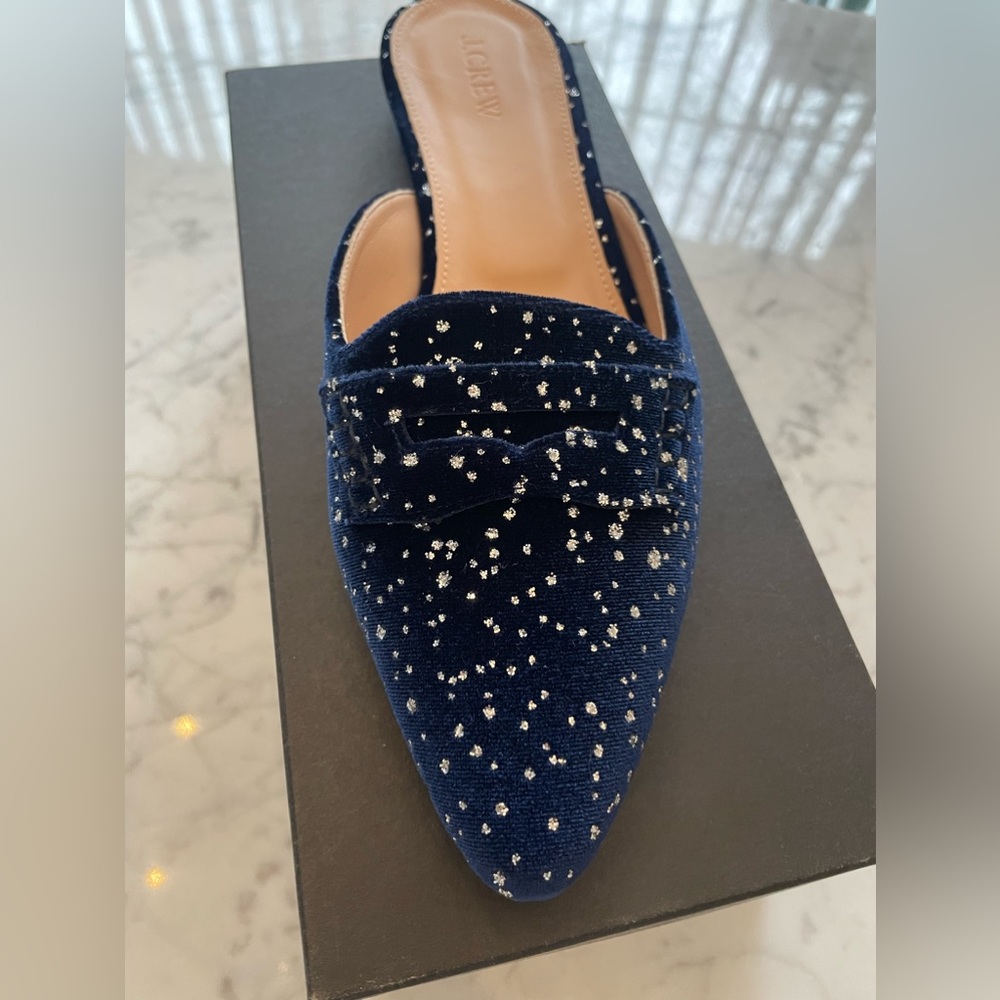 JCrew navy velvet silver sparkle slide loafer
